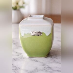 Handmade Pottery Green & White Square Vase